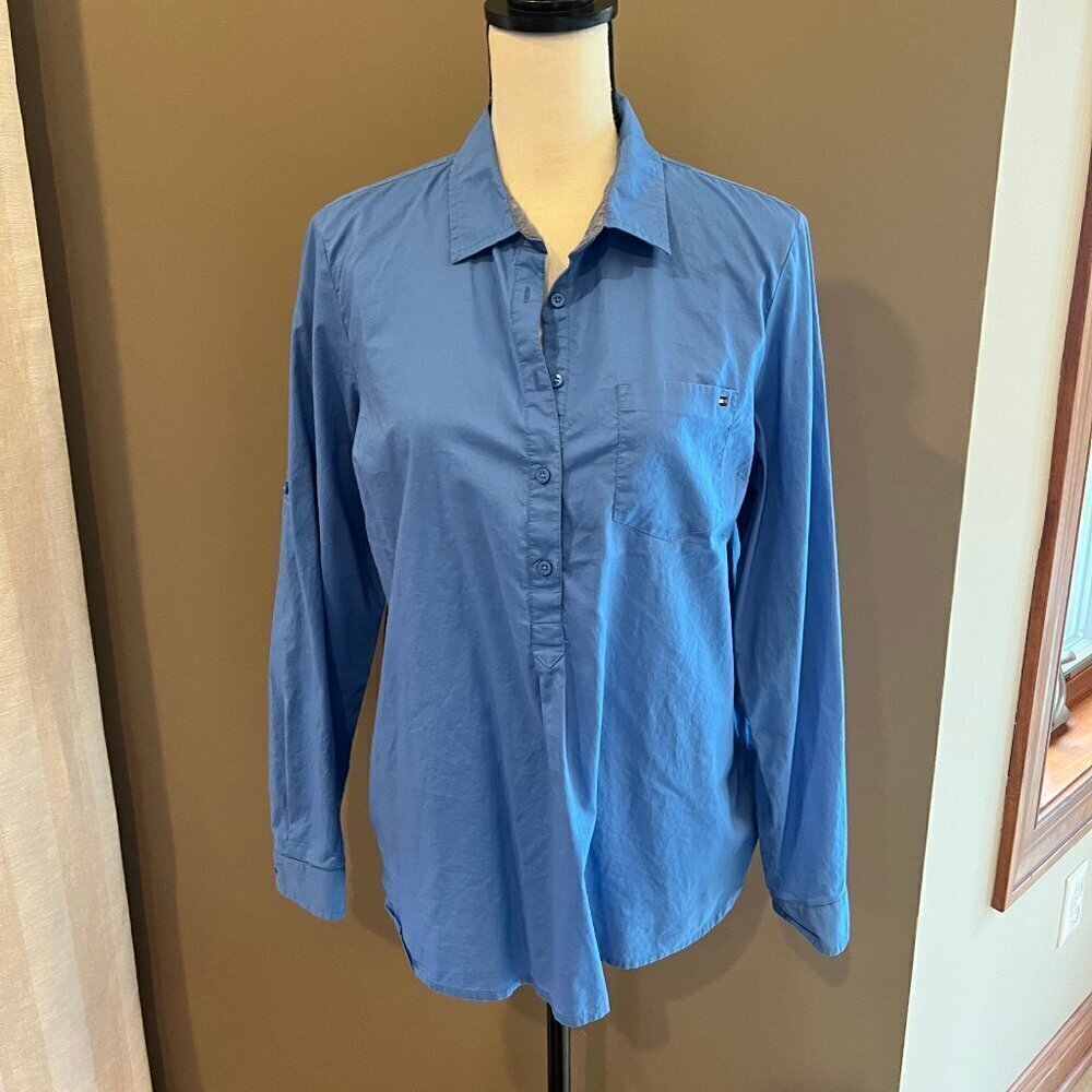 Women's Tommy Hilfiger Blue Long Sleeve, Button Front, Button Sleeve, Size Large
